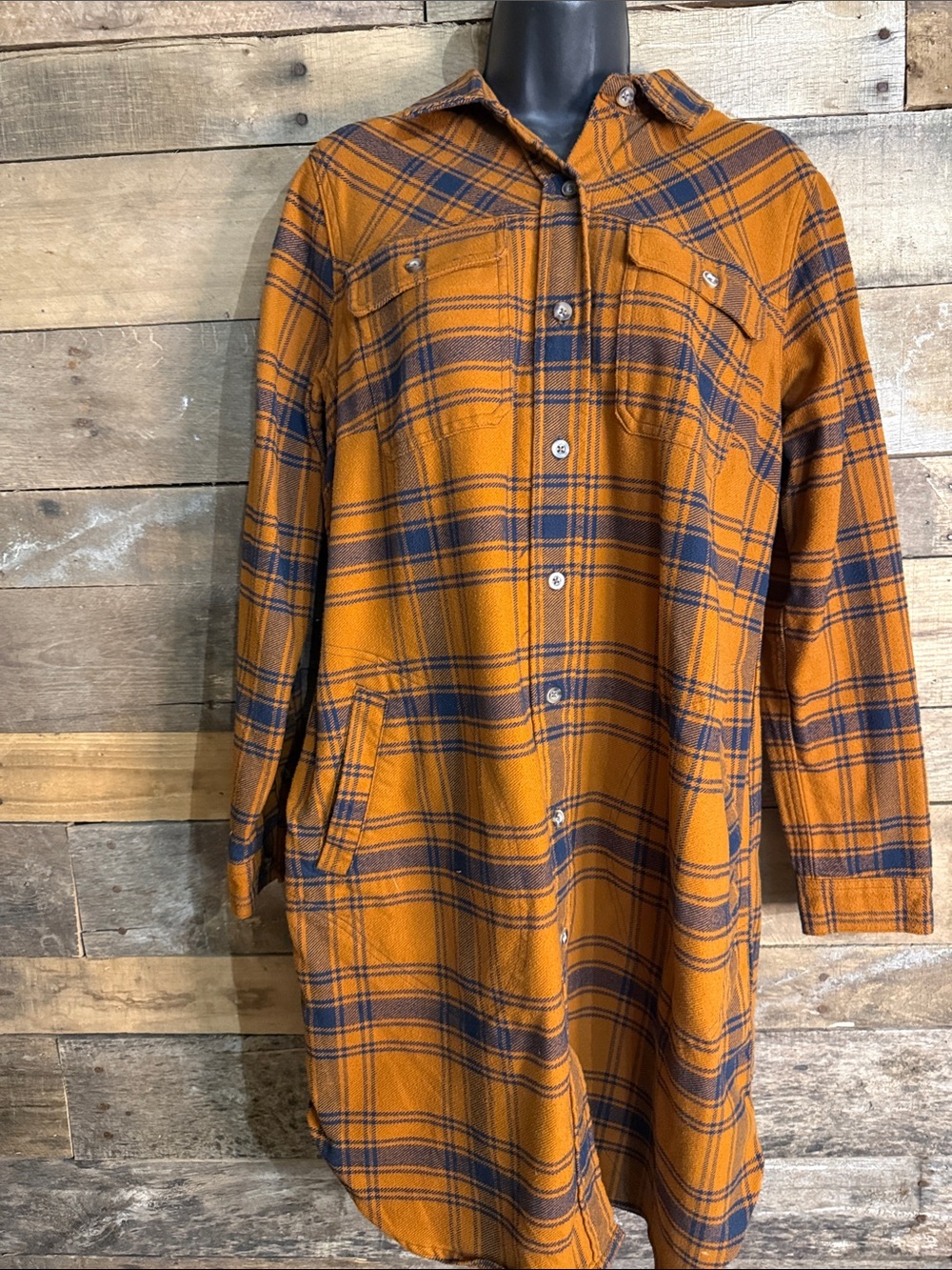Duluth Trading Co Plaid Flannel Long Sleeve Button-Up Duster w/ Pockets Women